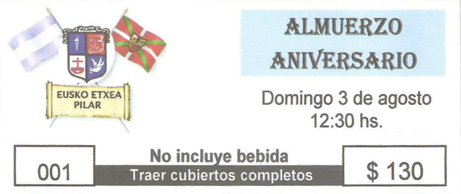 Tarjeta de invitación al Almuerzo Aniversario del Eusko Etxea de Pilar 